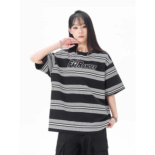 Black White Stripe Print T-Shirt