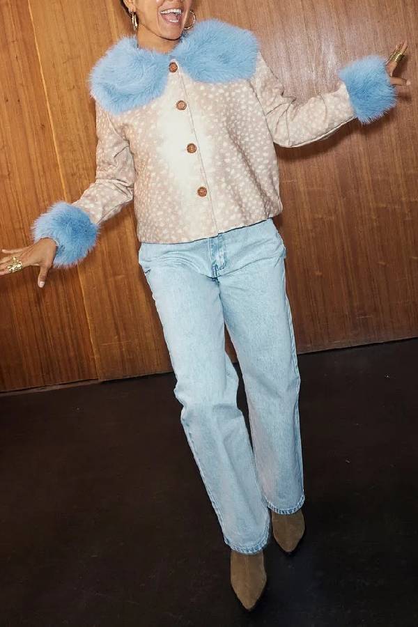 Deer Print Jacket with Blue Faux Fur Trims