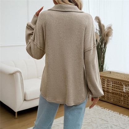 Orange Casual Turn-Down Collar Knit Sweater