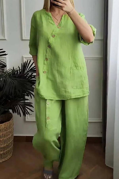 Solid Color Cotton And Linen Cropped Top \u0026 Wide Leg Pants Two-Piece Set