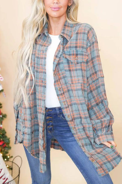 Women's Mineral Washed Button Down Plaid Flannel Shirt
