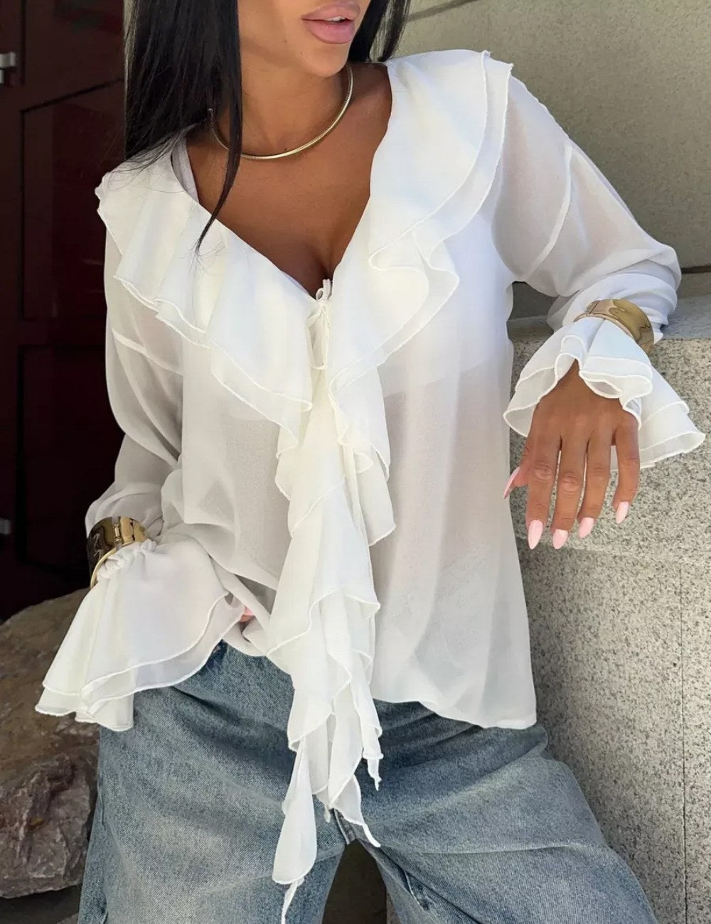 Ruffle V-Neck See Through String Tops