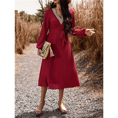 Long Sleeves V-Neck Waist Tied A-Line Midi Dress