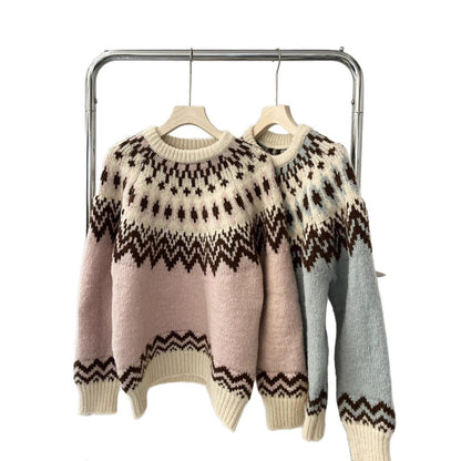 Fair Isle Sweater Women Pink Round Neck Knit Top Winter