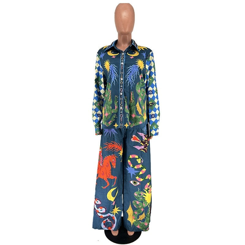 Fashion Printed Long Sleeve Long Pants Two Piece Set