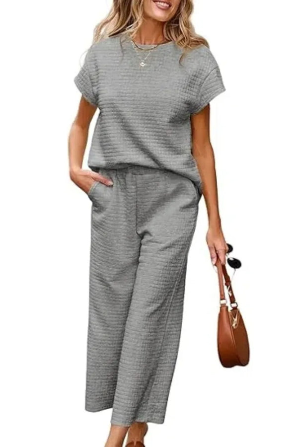 Women's Casual Textured Tops and Wide Leg Pants Lounge Sets