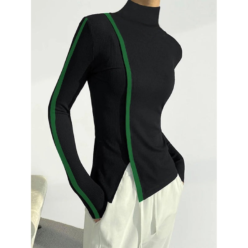 Long Sleeves Skinny Contrast Color Split-side High-neck T-Shirts Tops