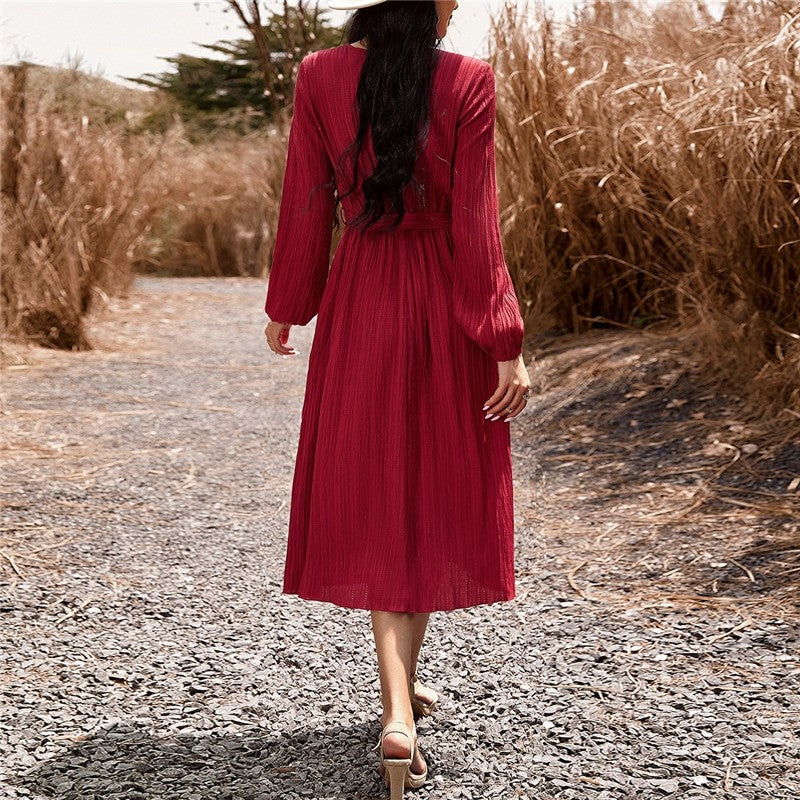 Long Sleeves V-Neck Waist Tied A-Line Midi Dress
