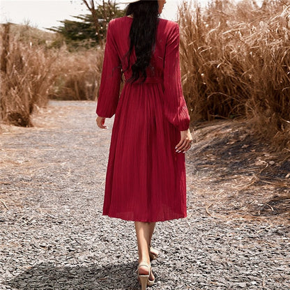 Long Sleeves V-Neck Waist Tied A-Line Midi Dress