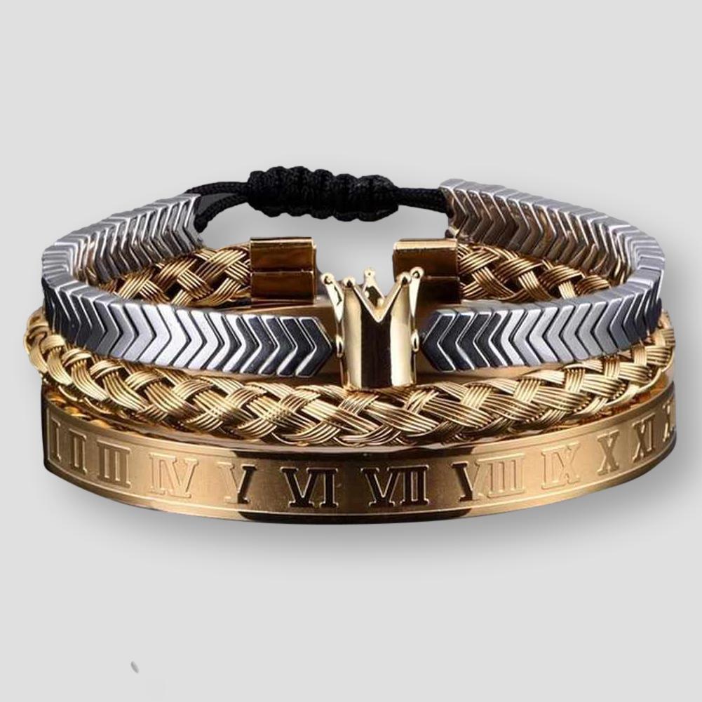 Sky Madrid Stainless Steel Roman Crown Bracelet Set (3 Pcs)