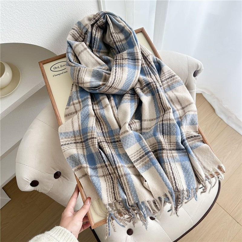 Color Block Plaid Fringe Scarf
