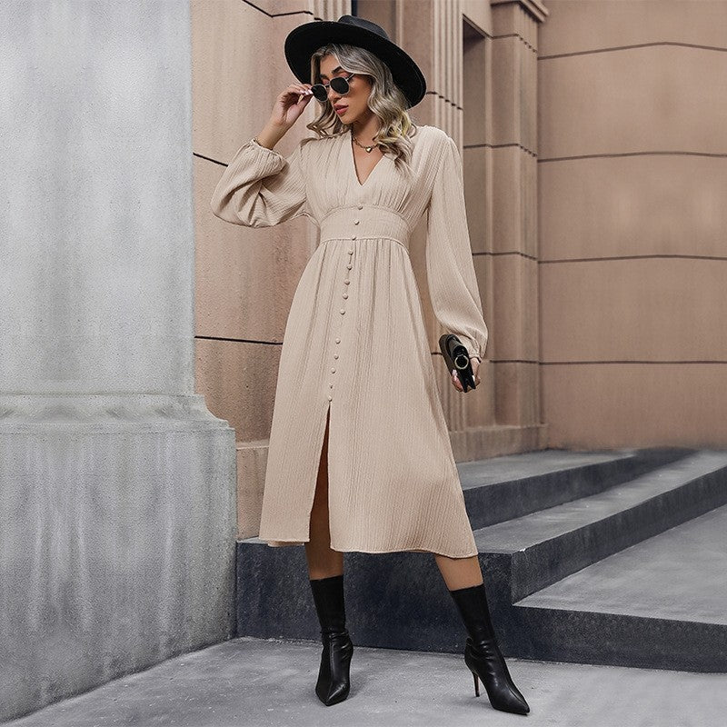 Solid Color Long Sleeves Front Slit A-Line Dress
