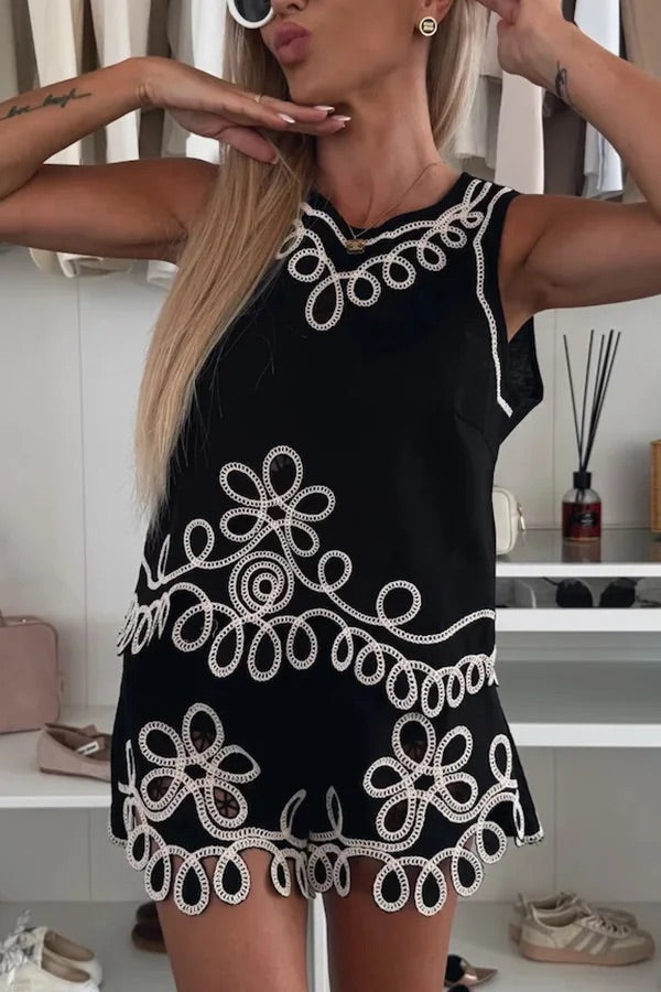 Angie Embroidery Cut-out Sleeveless Top and Elastic Waist Loose Shorts Set