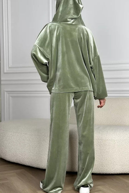 Velvet Zipper Hooded Pure Color Two -piece Suit