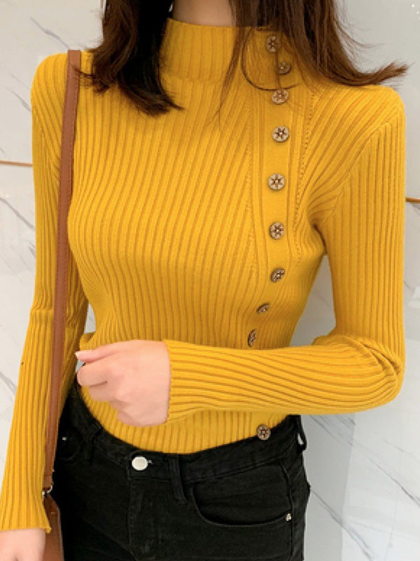 Casual Long Sleeves Skinny Solid Color High-Neck Pullovers