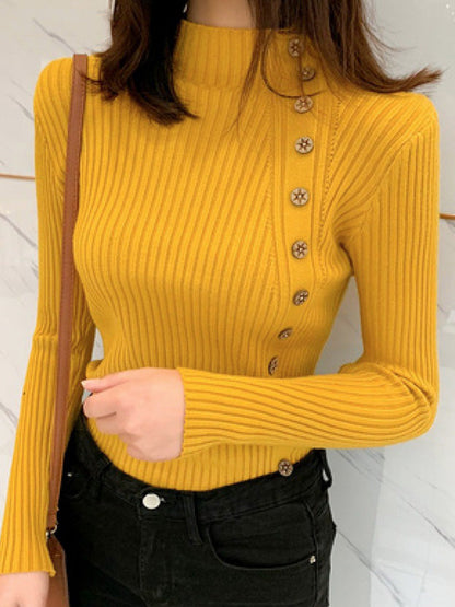 Casual Long Sleeves Skinny Solid Color High-Neck Pullovers