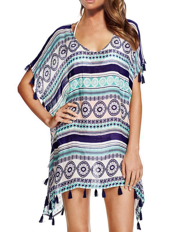 Casual Beach Vacation Tassel Chiffon Short Sleeve V Neck Mask Cover-Ups