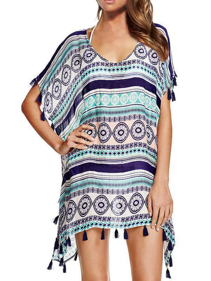Casual Beach Vacation Tassel Chiffon Short Sleeve V Neck Mask Cover-Ups