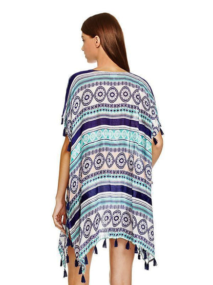 Casual Beach Vacation Tassel Chiffon Short Sleeve V Neck Mask Cover-Ups
