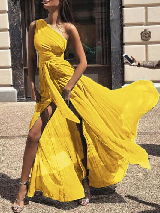 Sexy Chiffon One Shoulder Solid Color Maxi Dress