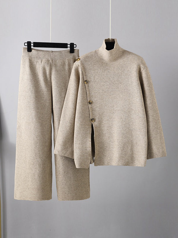 Urban Loose Buttoned Split-Front Solid Color High-Neck Sweater Tops &Wide Leg Pants Two Pieces Set