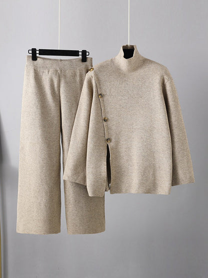 Urban Loose Buttoned Split-Front Solid Color High-Neck Sweater Tops &Wide Leg Pants Two Pieces Set