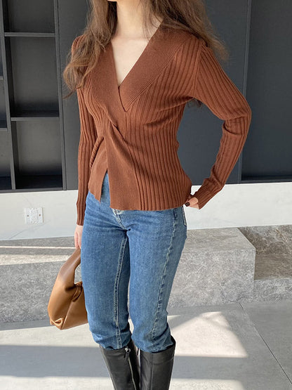 Long Sleeves Loose Knot Solid Color V-Neck Pullovers Sweater Tops