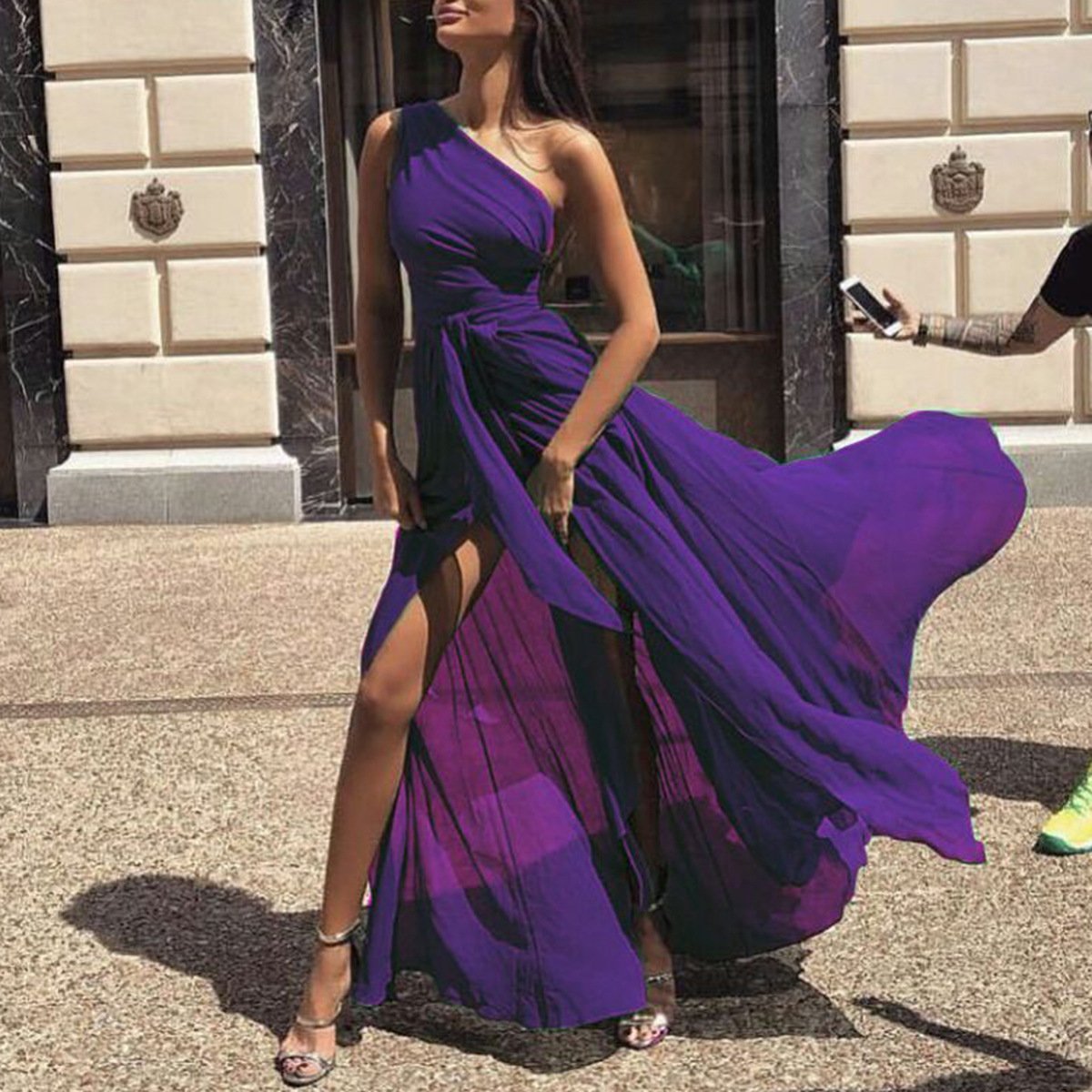 Sexy Chiffon One Shoulder Solid Color Maxi Dress