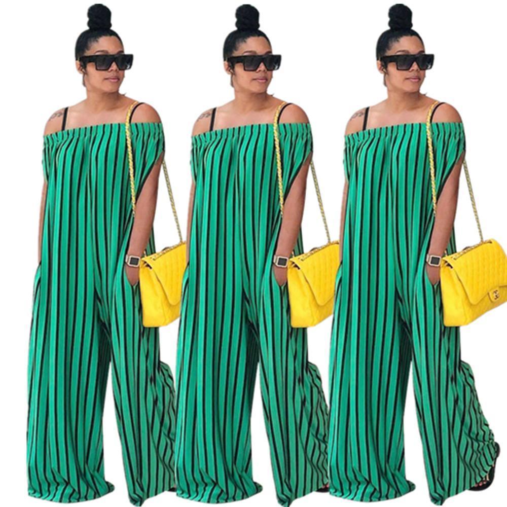 Green Off Shoulder Stripe Wide Leg Pants Jumpsuit