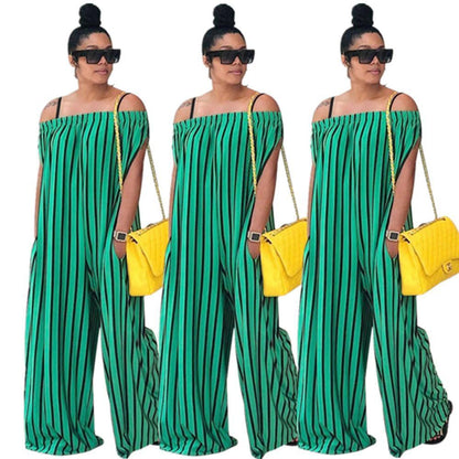 Green Off Shoulder Stripe Wide Leg Pants Jumpsuit