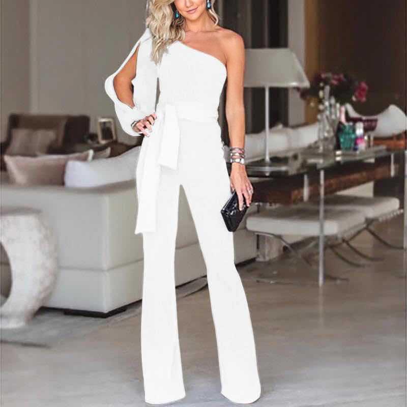 Solid Color One Shoulder Belted Jumpsuit Romper