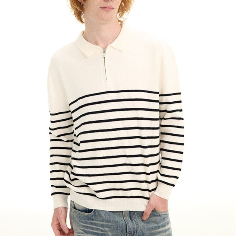 Color Block Striped Semi Zip Polo Shirt