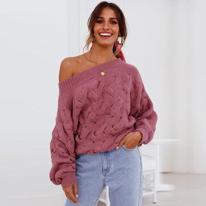 Solid Color Off The Shoulder Loose Casual Knit Sweater