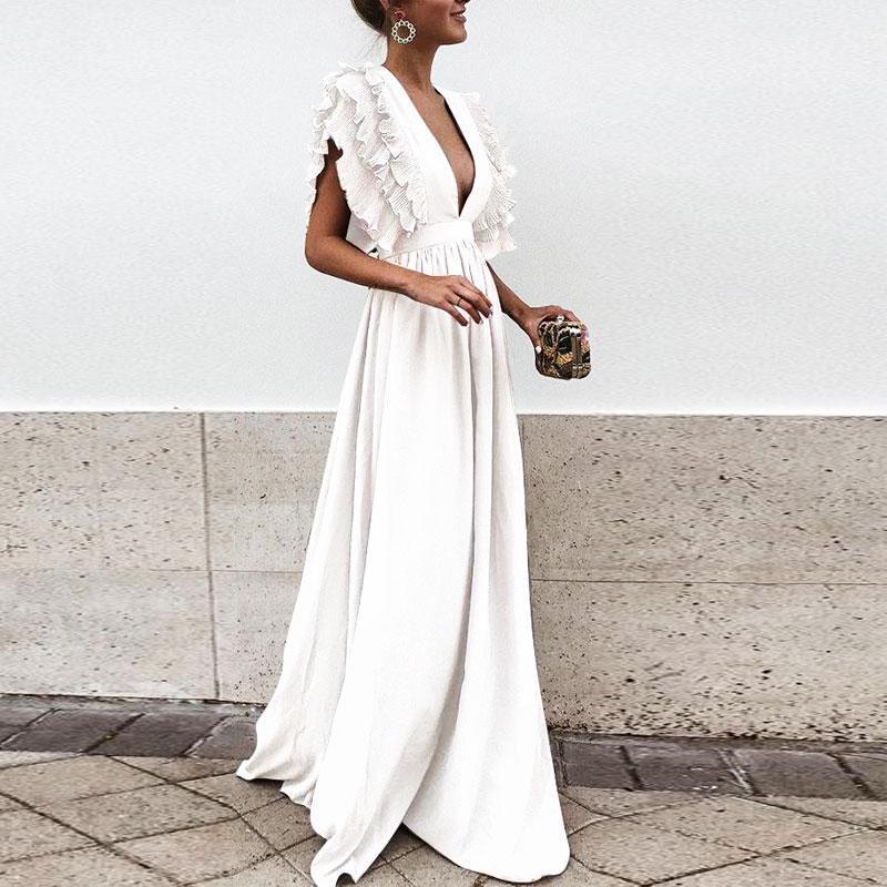 Solid Color Deep V Neck Backless Maxi Dress