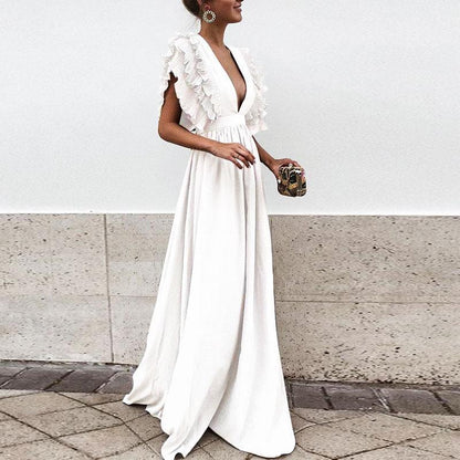 Solid Color Deep V Neck Backless Maxi Dress
