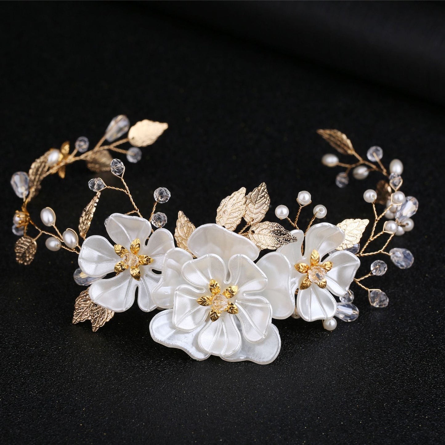 Handmade Pearl Bridal Headband Elegant White Pearl Leaf Hair Accessory