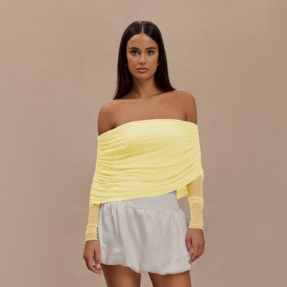 Mesh Insert See Through Pleated Off Shoulder T Shirt