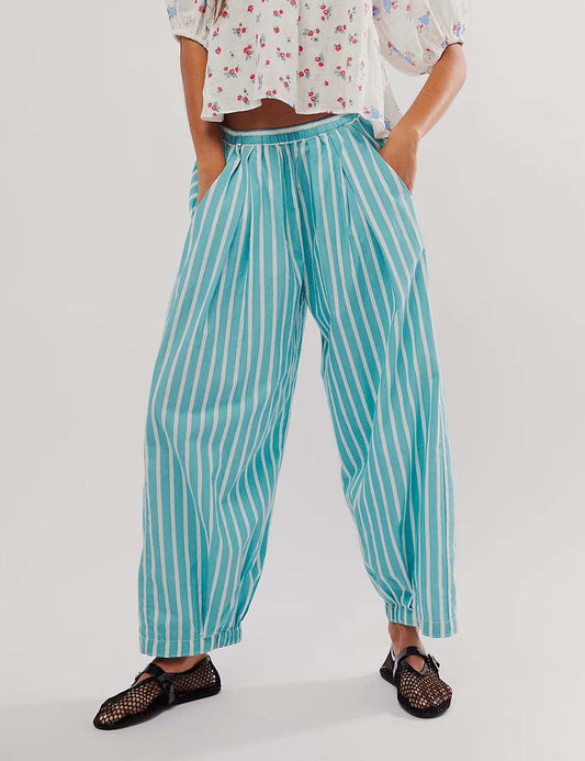 Casual Elastic Waist Color Block Striped Pants