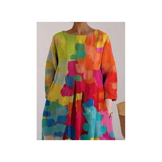 Loose Colorful Contrast Color Printed Round-neck Maxi Dresses Midi Dresses