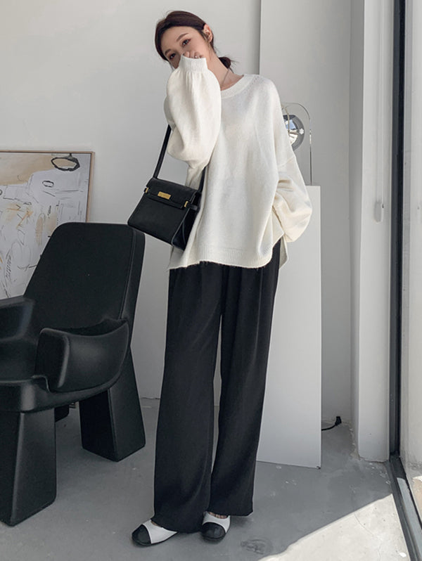 Loose Puff Sleeves Split-Side Solid Round-Neck Sweater Tops