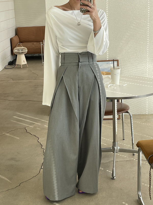 Wide Leg Pockets Solid Color Zipper Casual Pants Bottoms