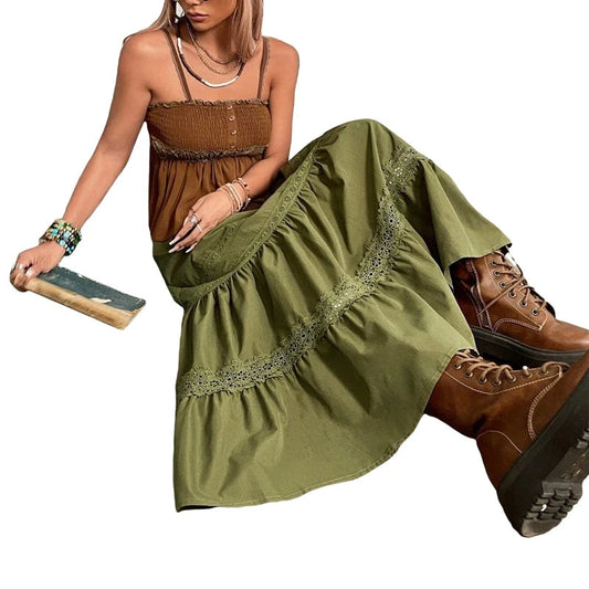 90S Vintage Green Pleated Skirts Korean Fashion Holiday Boho High Waist Long Skirts Retro Y2K Fairycore Cute Lace Trim Clothes
