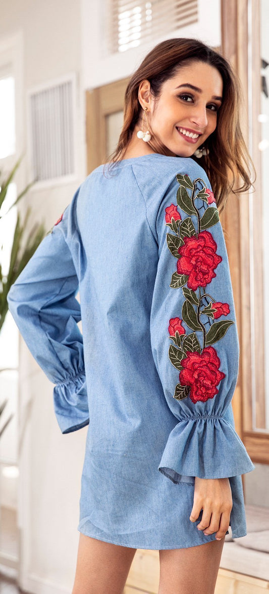 Embroidered V Neck Loose Mini Dress