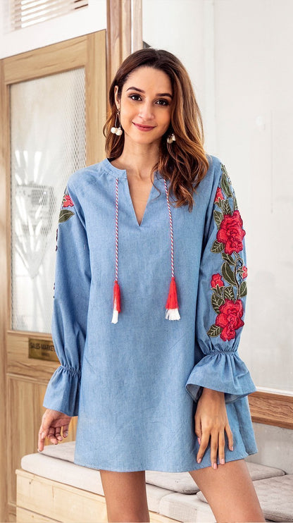 Embroidered V Neck Loose Mini Dress
