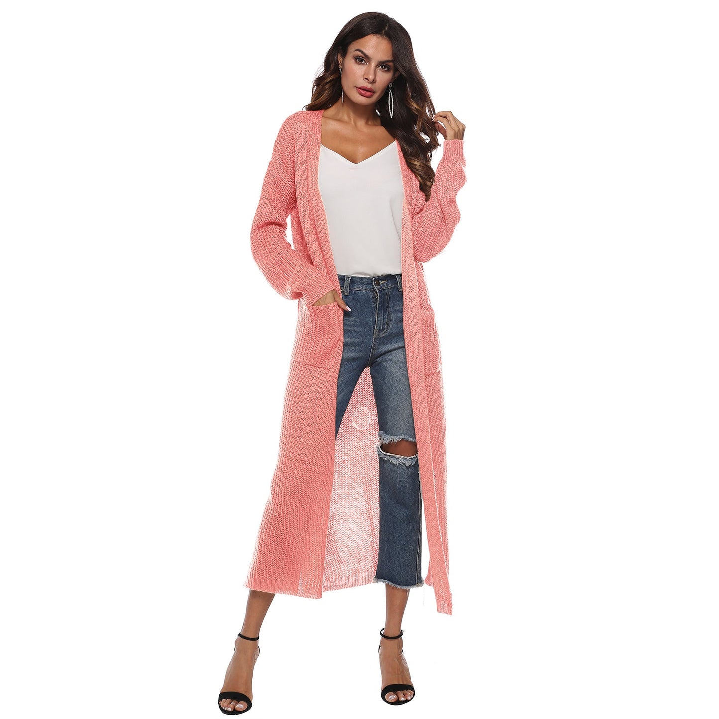 Long Cardigan Sweater With Pockets In Various Colors
