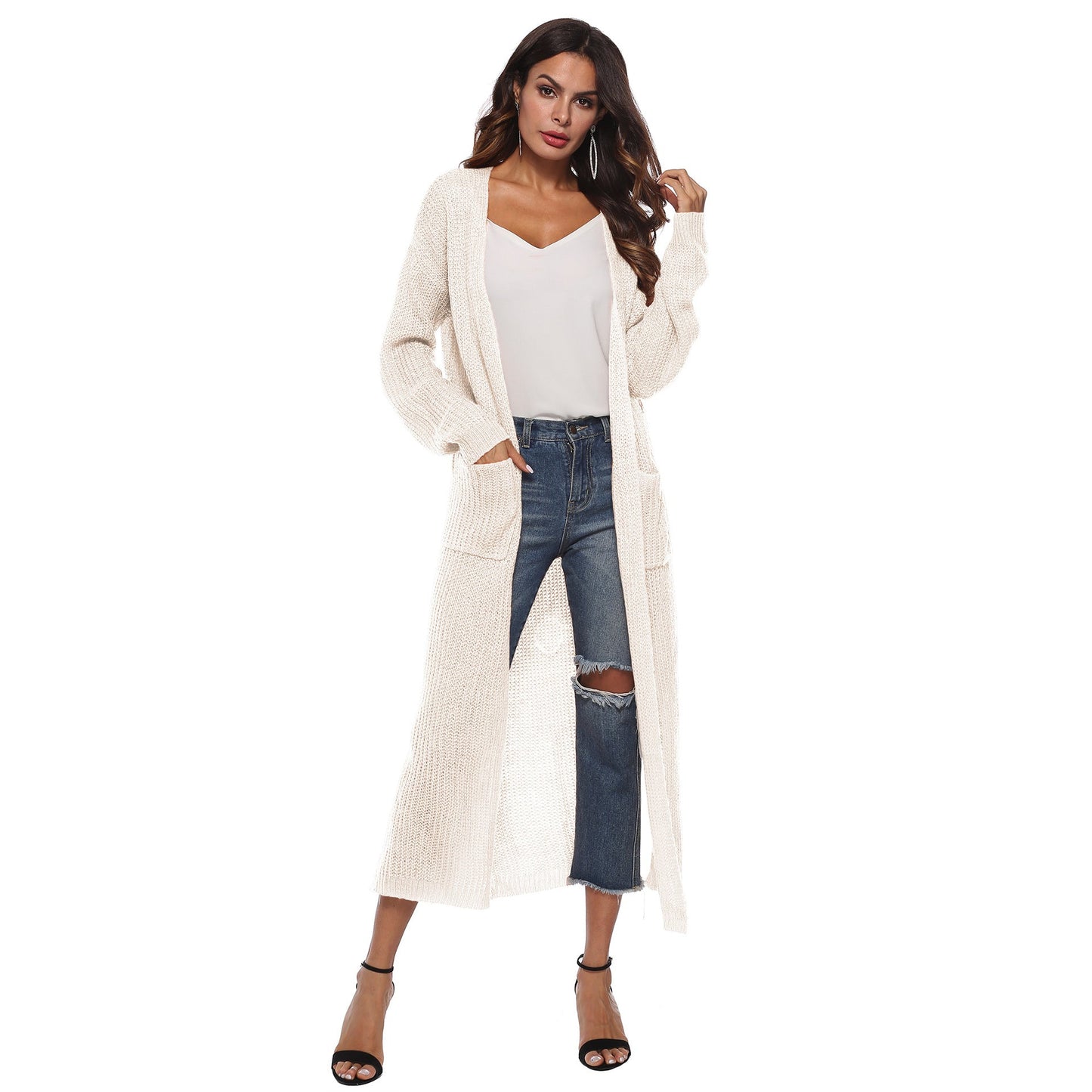 Long Cardigan Sweater With Pockets In Various Colors