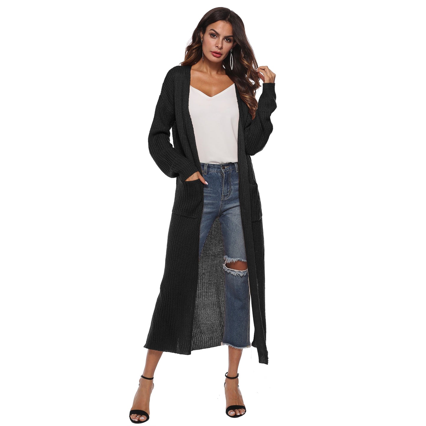 Long Cardigan Sweater With Pockets In Various Colors