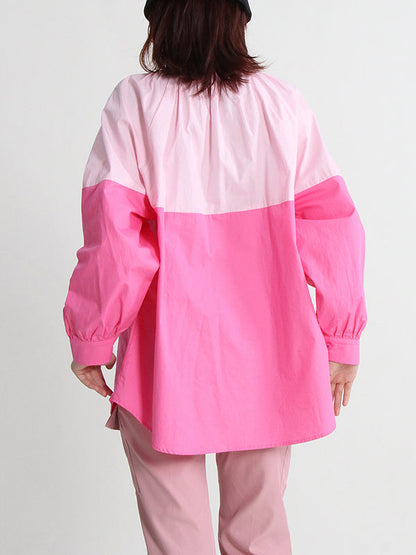 Long Sleeves Loose Buttoned Contrast Color Rhine Stones Mock Neck Blouses&Shirts Tops