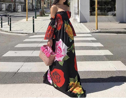 Black Rose Floral Strapless Off Shoulder Sleeve Big Hem Long Dress