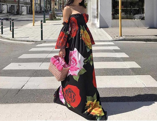 Black Rose Floral Strapless Off Shoulder Sleeve Big Hem Long Dress
